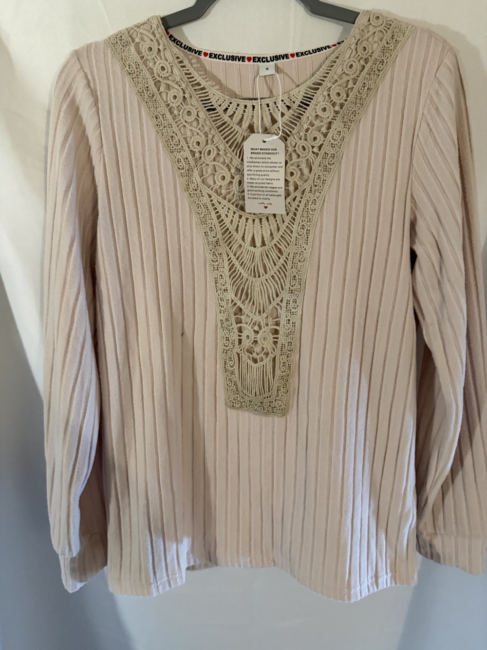 Exclusive Women's Boho Ribbed Knit Blouse Cream Size S Crochet Lace V-Neck Top
